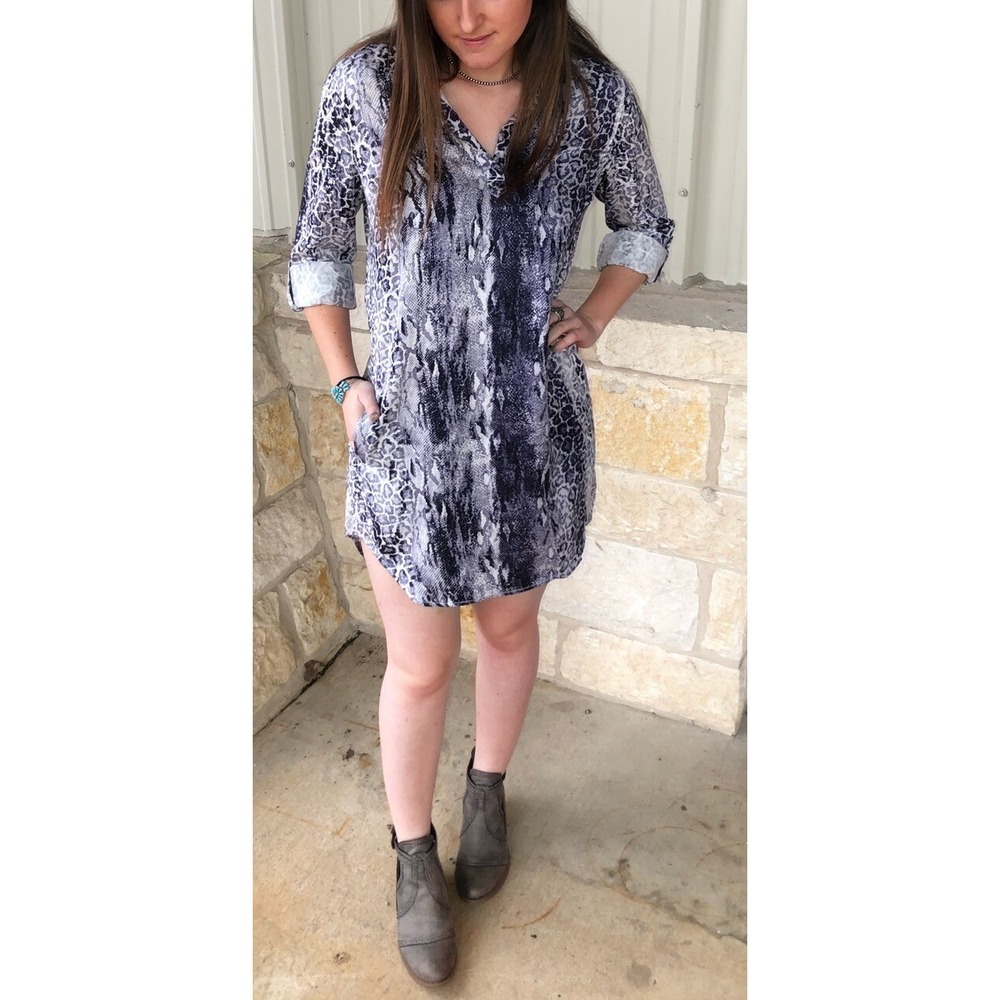 Velvet Heart Tencel Roll-Sleeve Shirt Dress Gray Purple L White Snake Print New
